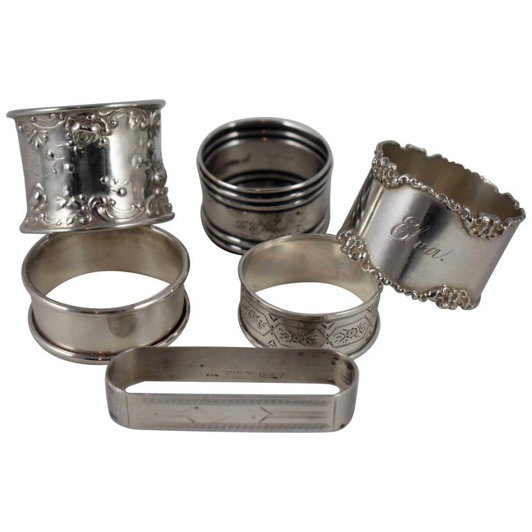 Sterling Silver Antique Napkin Rings, Mixed Set of Six at 1stDibs