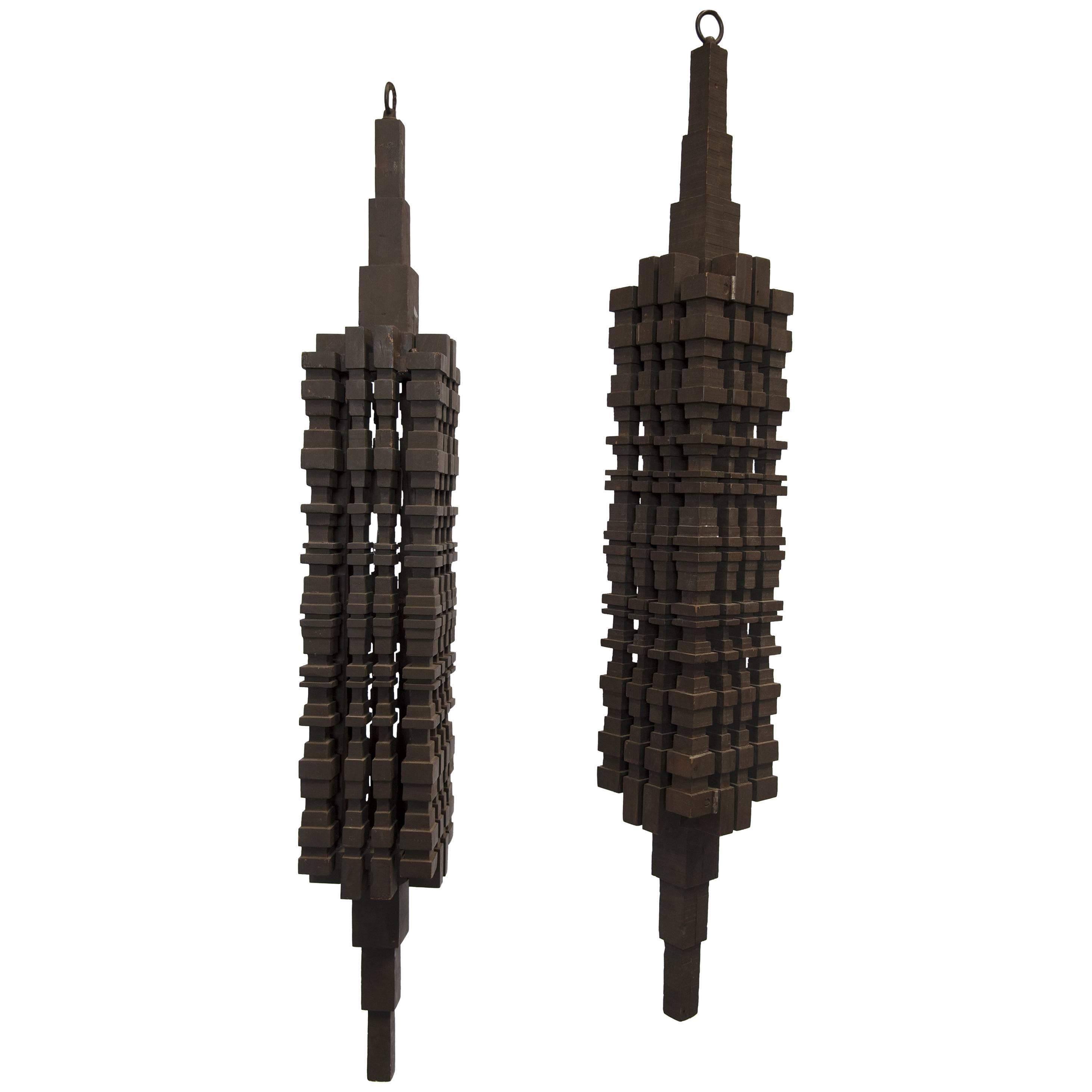  HAND-CARVED Wooden 1920's CHANDELIERS [PAIR]
