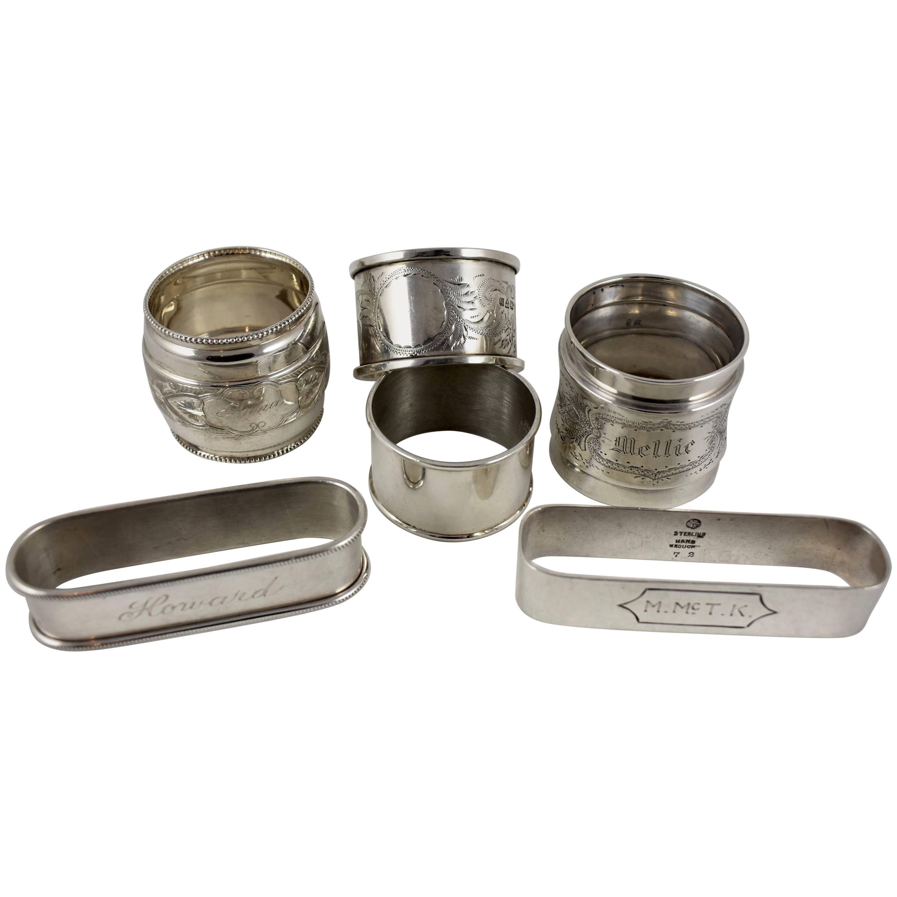 Sterling Silver Antique Napkin Rings, Mixed Set of Six