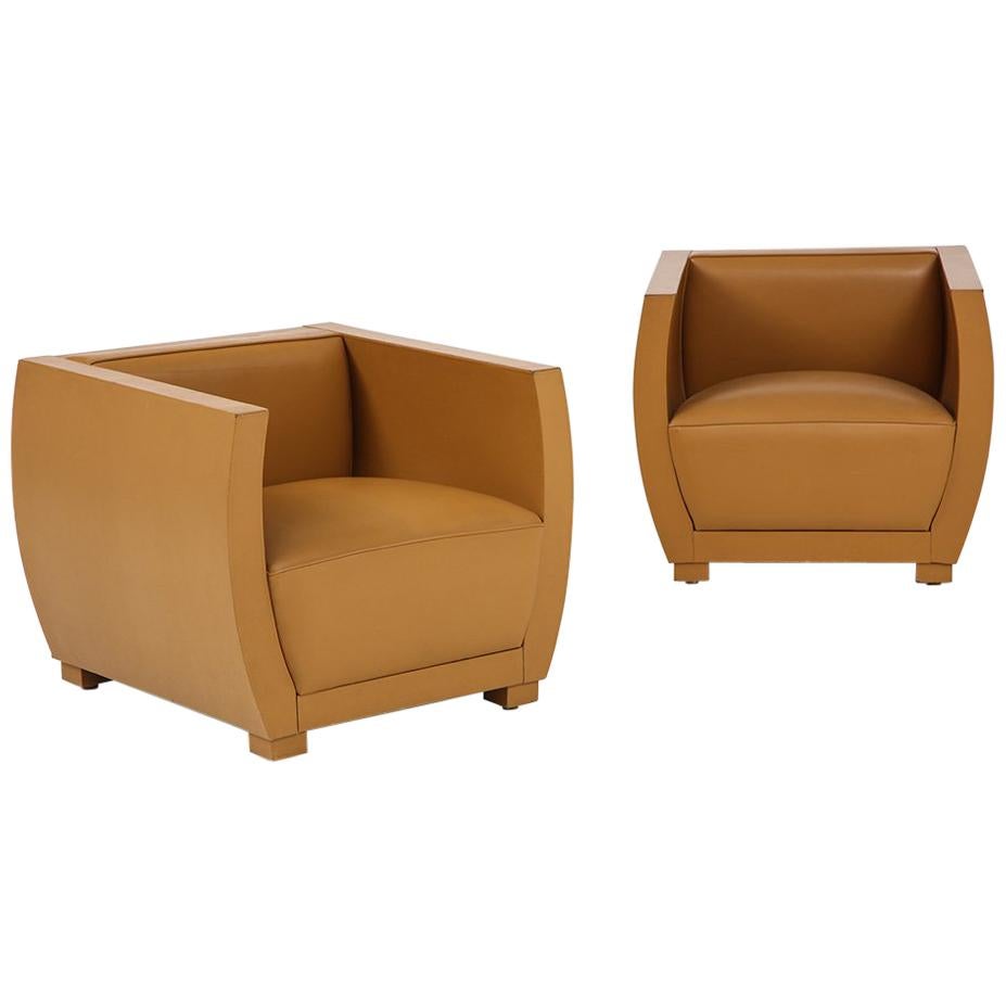 Pair of Camel Colored Leather Clad Club Chairs