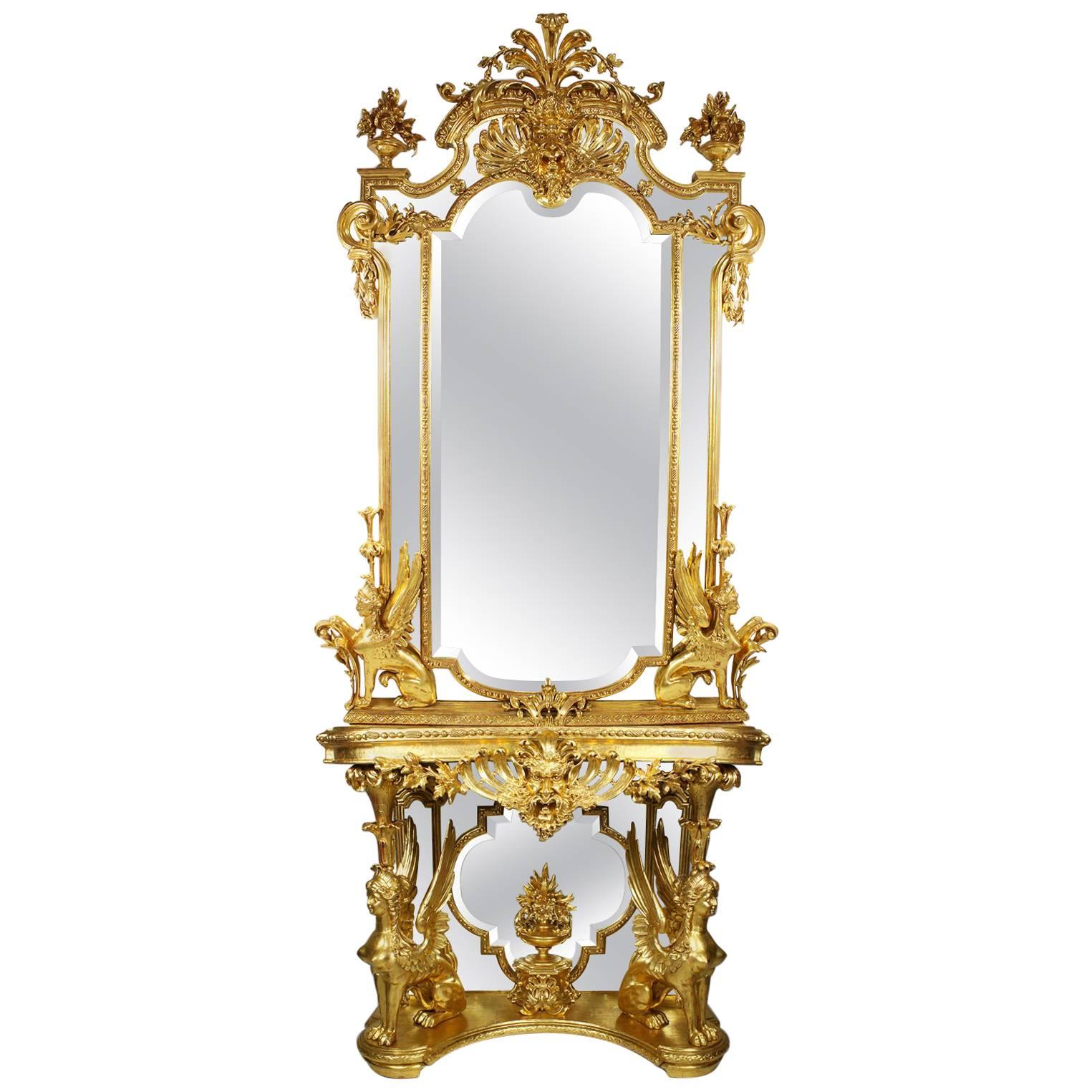 French Empire Revival 19th Century Giltwood Carved Figural Console and Mirror For Sale