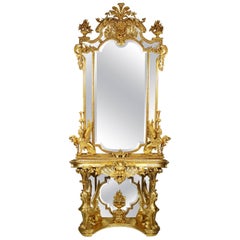 Console e specchio in legno dorato intagliato del XIX secolo in stile Impero francese