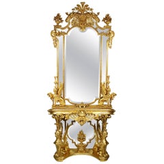 Antique French Empire Revival 19th Century Giltwood Carved Figural Console and Mirror