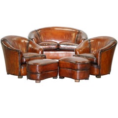 Fully Restored Brown Leather Five-Piece Club Tub Suite Armchairs & Sofa Feathers