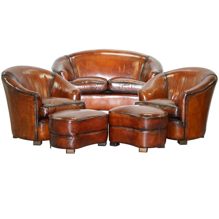 Fully Restored Brown Leather Five-Piece Club Tub Suite Armchairs and ...