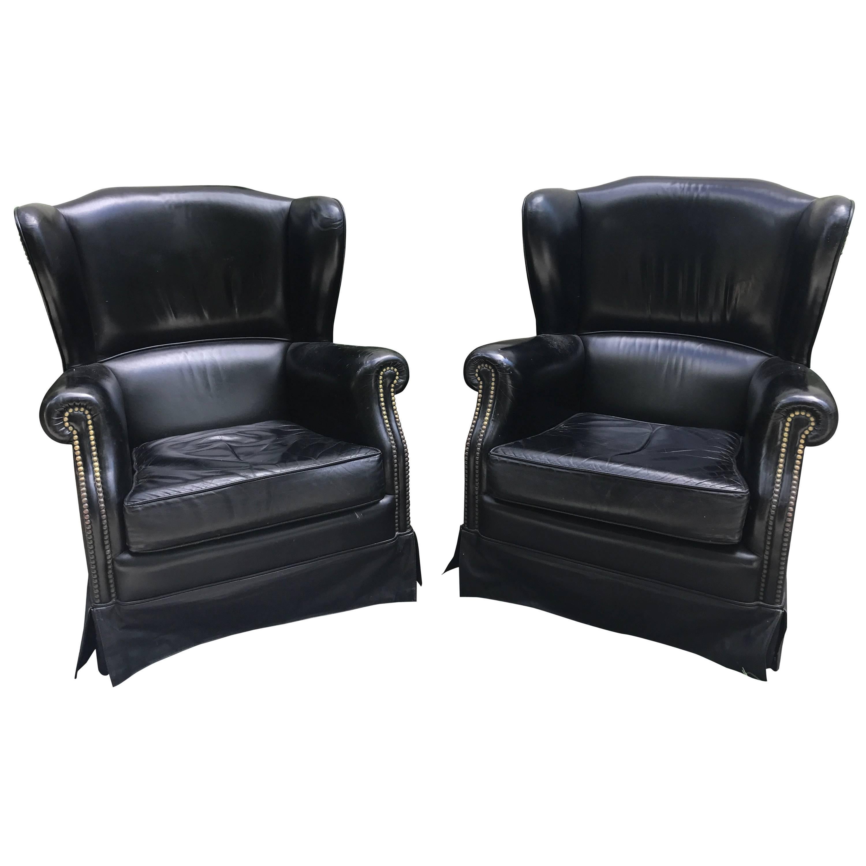  Black French Leather Wing Chairs