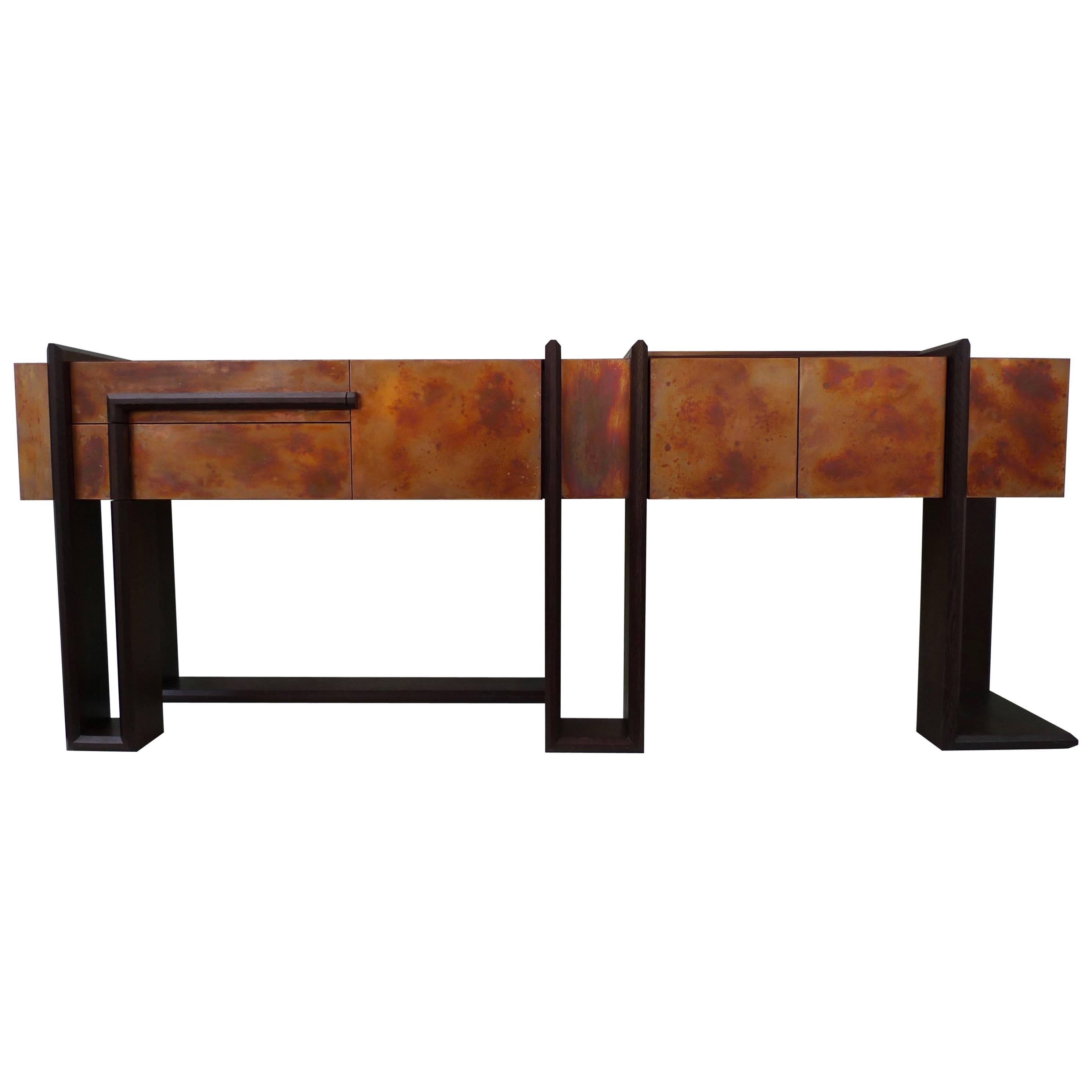 Contemporary Sequenza Bar Cabinet Credenza Sideboard in Wegne and Copper Patina For Sale