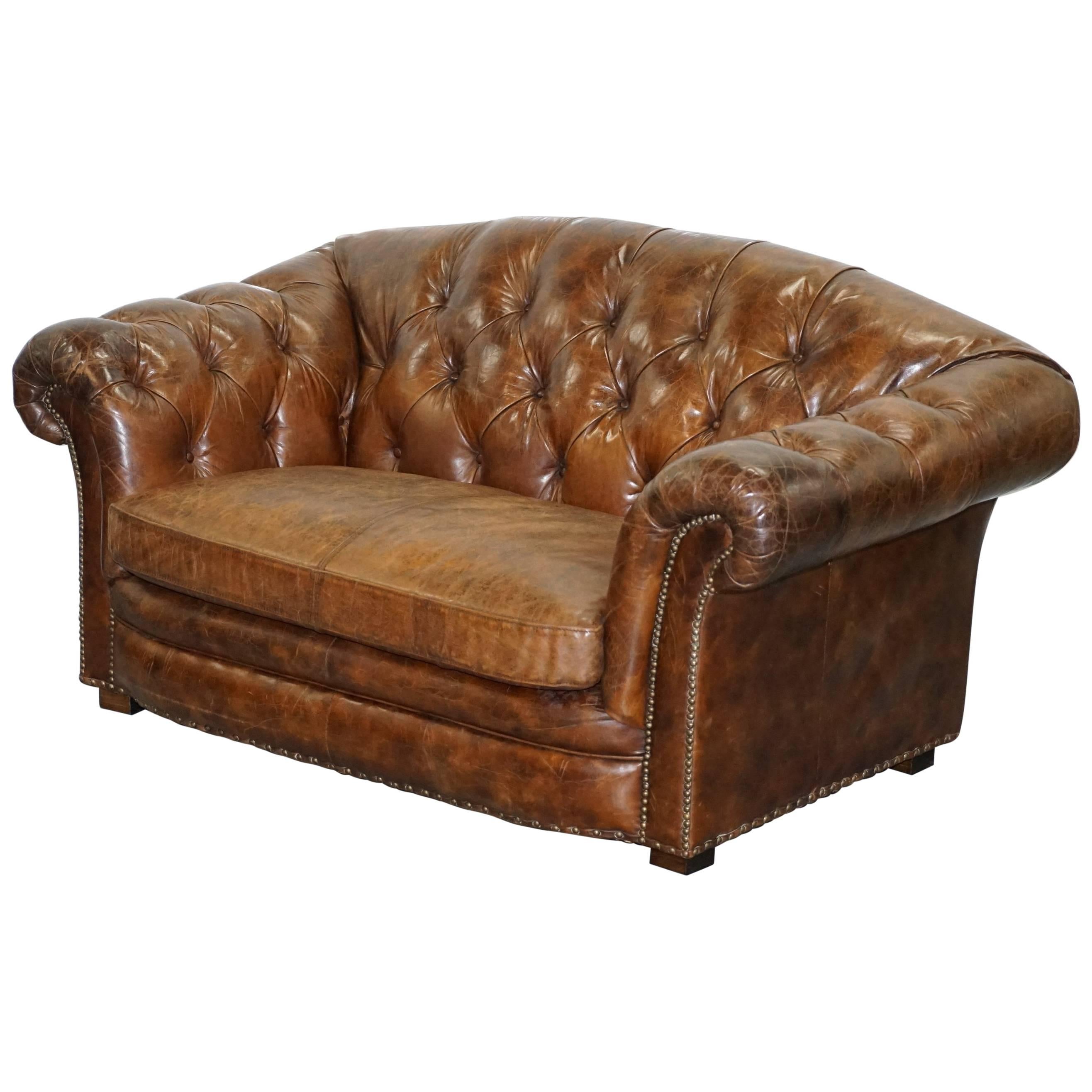 Stunning Aged Brown Heritage Leather Two-Seat Chesterfield Sofa Nice Find