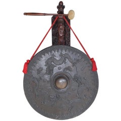 Chinese King Wood and Bronze Wall-Mounted Temple Gong, 19th Century 