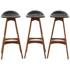 Three Erik Buch Bar Stools Teak, Rosewood, and Black Leather