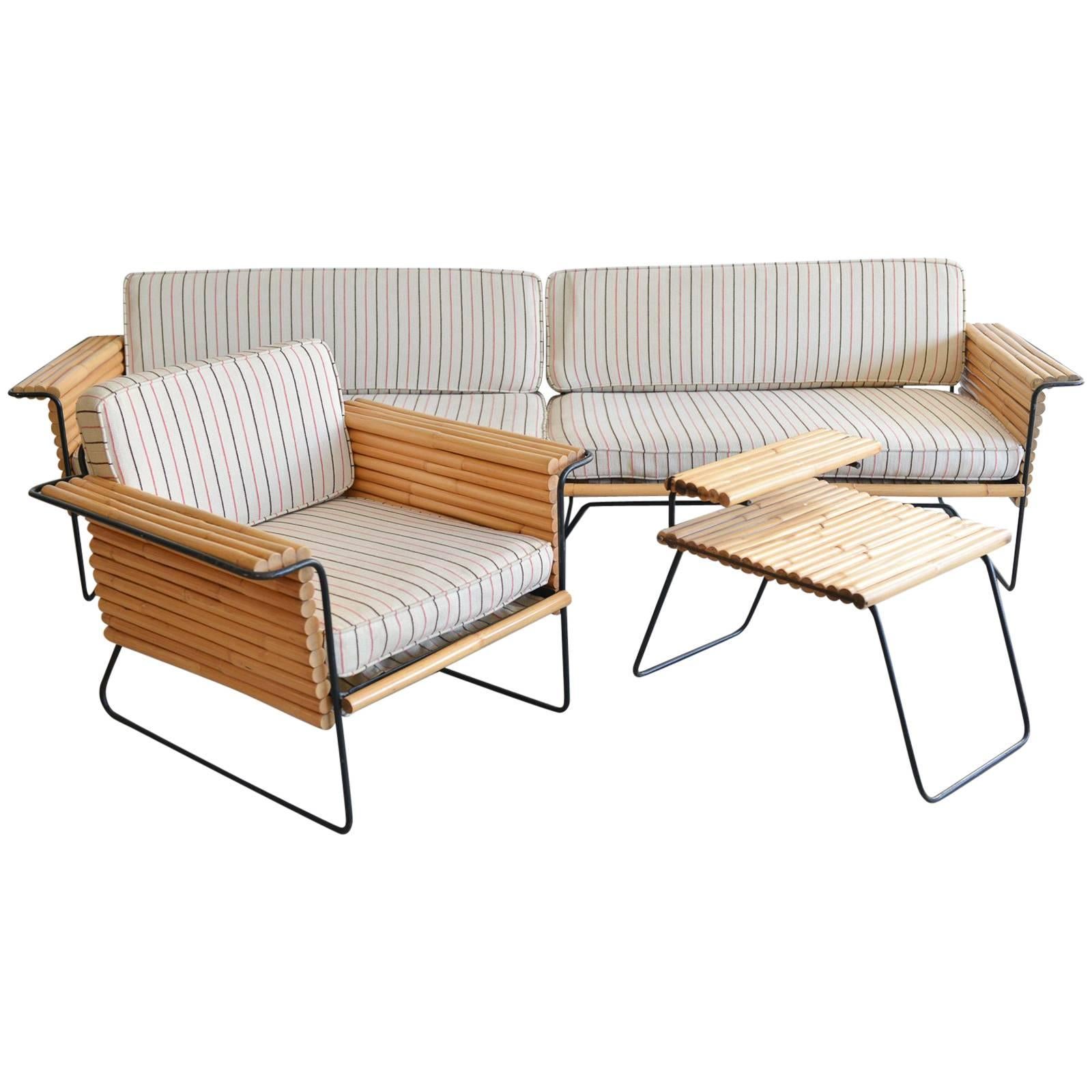 Rattan and Wrought Iron Seating Ensemble by Ritts Co., Los Angeles, circa 1955