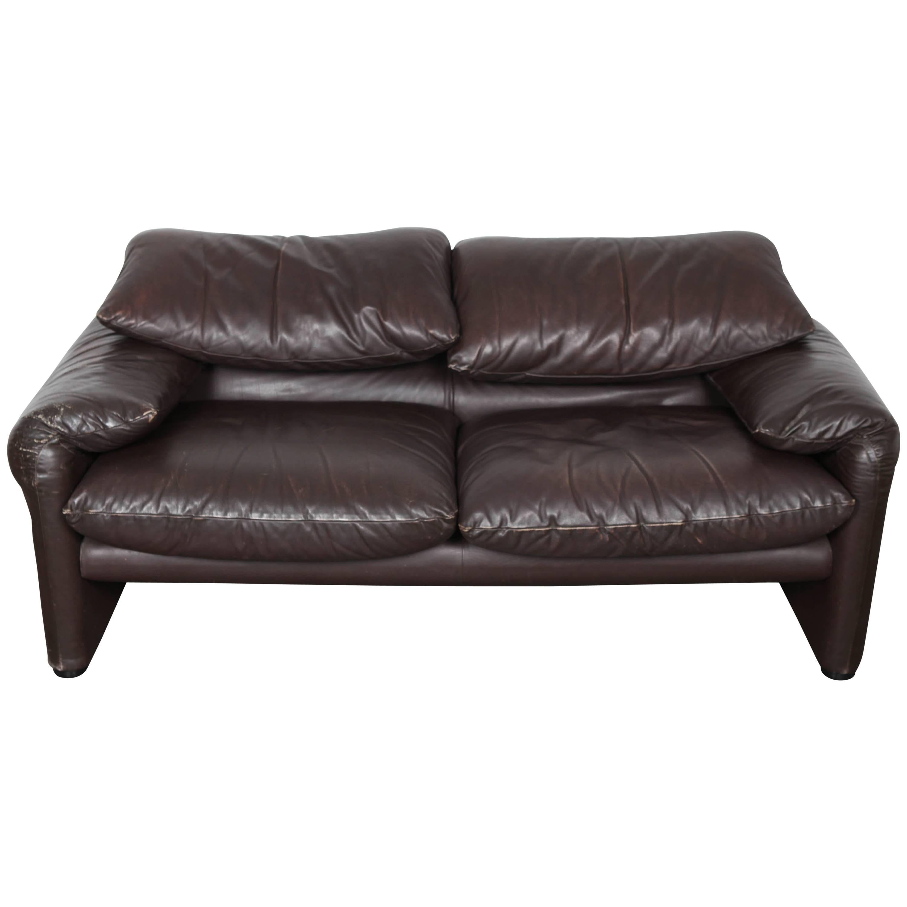 Brown Leather Sofa "Maralunga" by Vico Magistretti with Adjustable Headrest