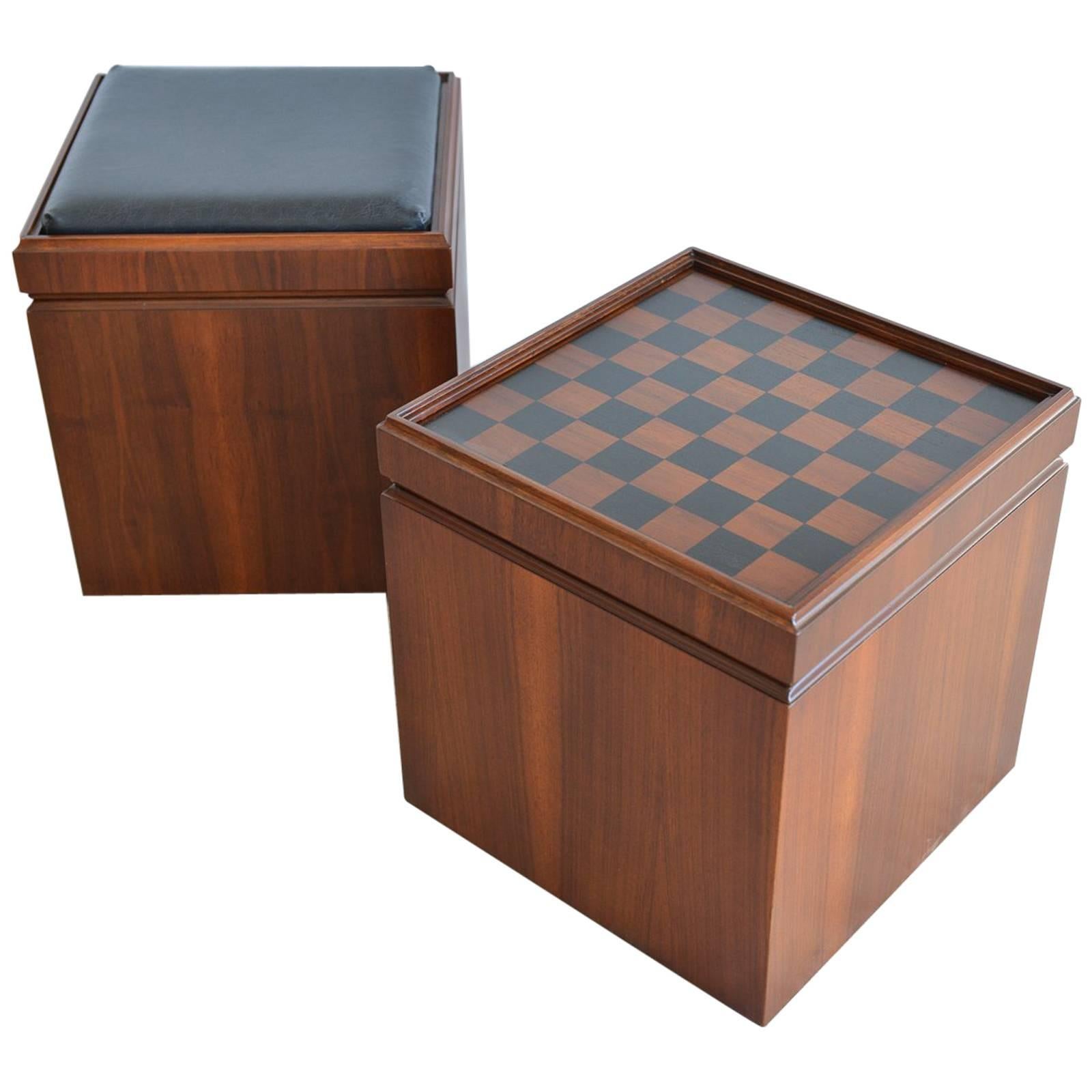 Pair of Walnut Checkerboard or Chess Game Cube Ottomans, circa 1965