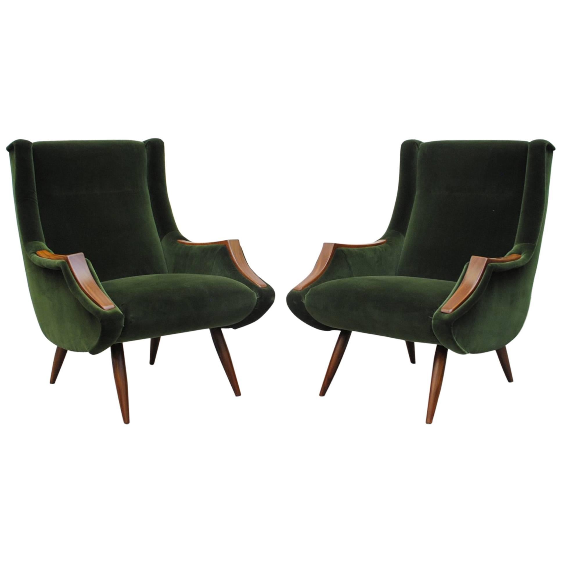 Pair of Emerald Green Marco Zanuso Style Lounge Chairs