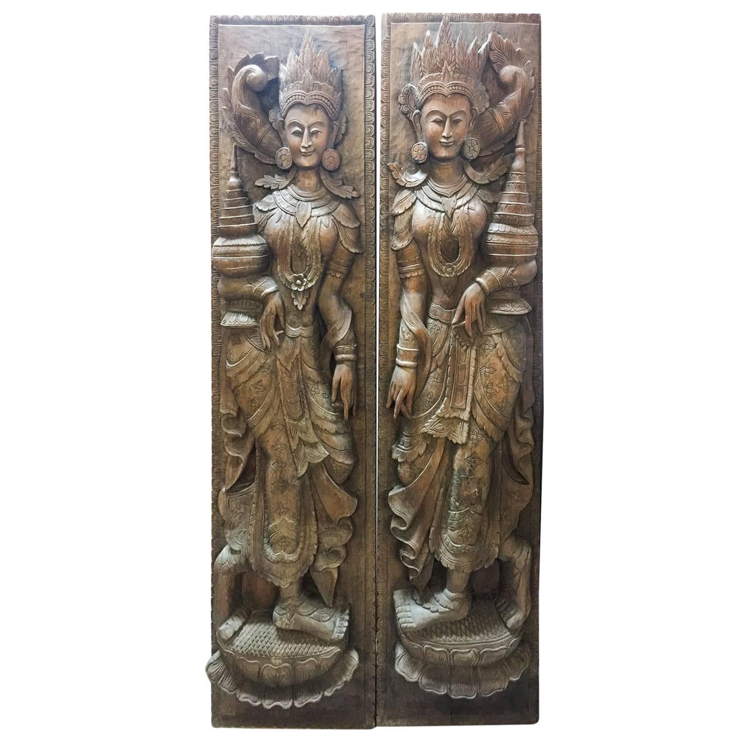 Pair of South East Asian Carved Hardwood Goddess Panels