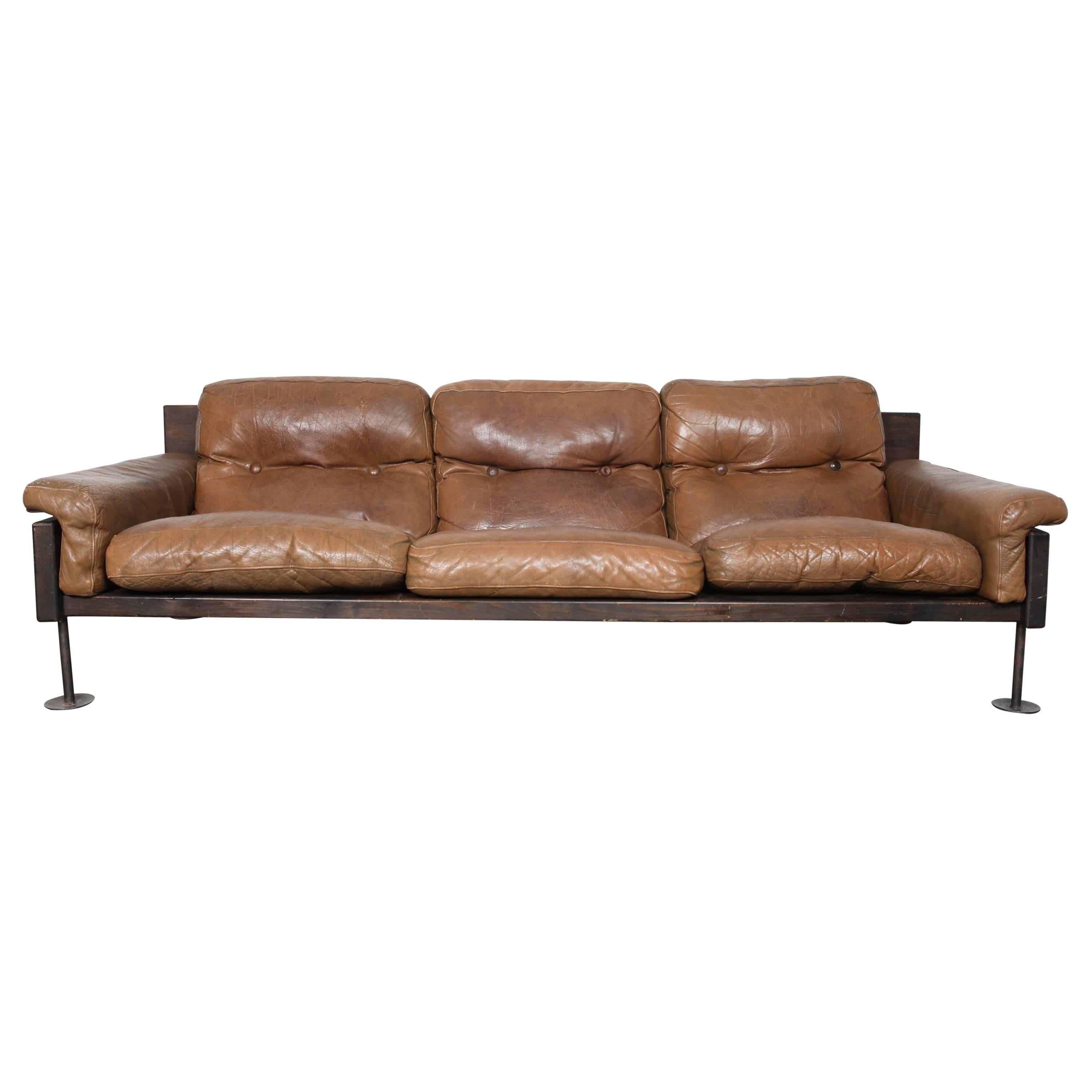 Brown Leather Three-Seat Sofa by Hannu Jyras, Finland