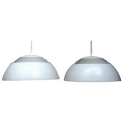 Arne Jacobsen, Pair of AJ Pendants of Gray Lacquered Metal