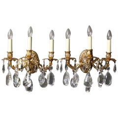 Italian Pair of Gilded Bronze and Crystal Wall Lights