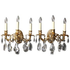 Vintage Italian Pair of Gilded Bronze and Crystal Wall Lights
