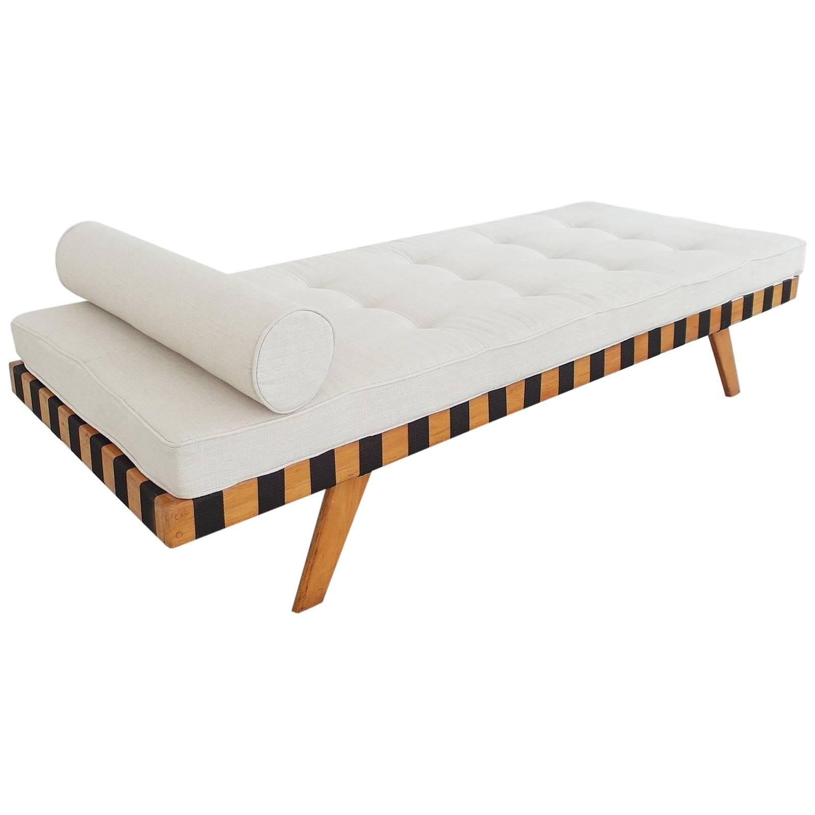 Scandinavian Mid-Century Modern Birch Wooden Daybed with Linen Upholstery, 1950s