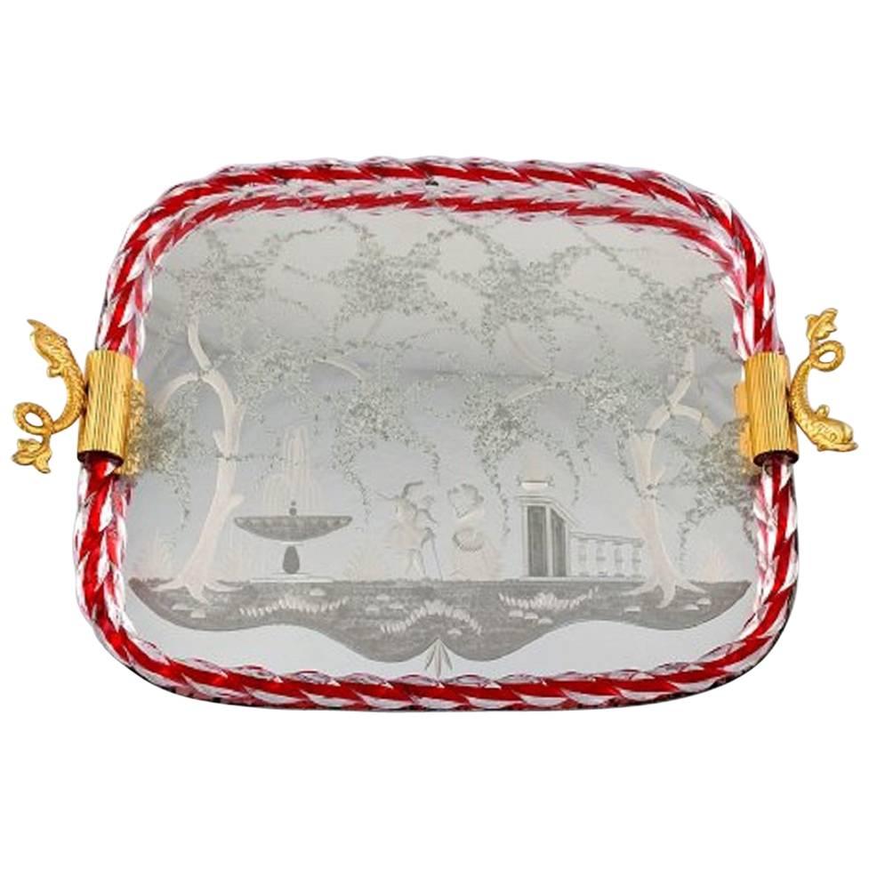 Murano, Italy, Art Glass Rectangular Tray with Mirror Coating For Sale