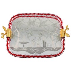 Murano, Italia, Bandeja rectangular de vidrio artístico con revestimiento de espejo