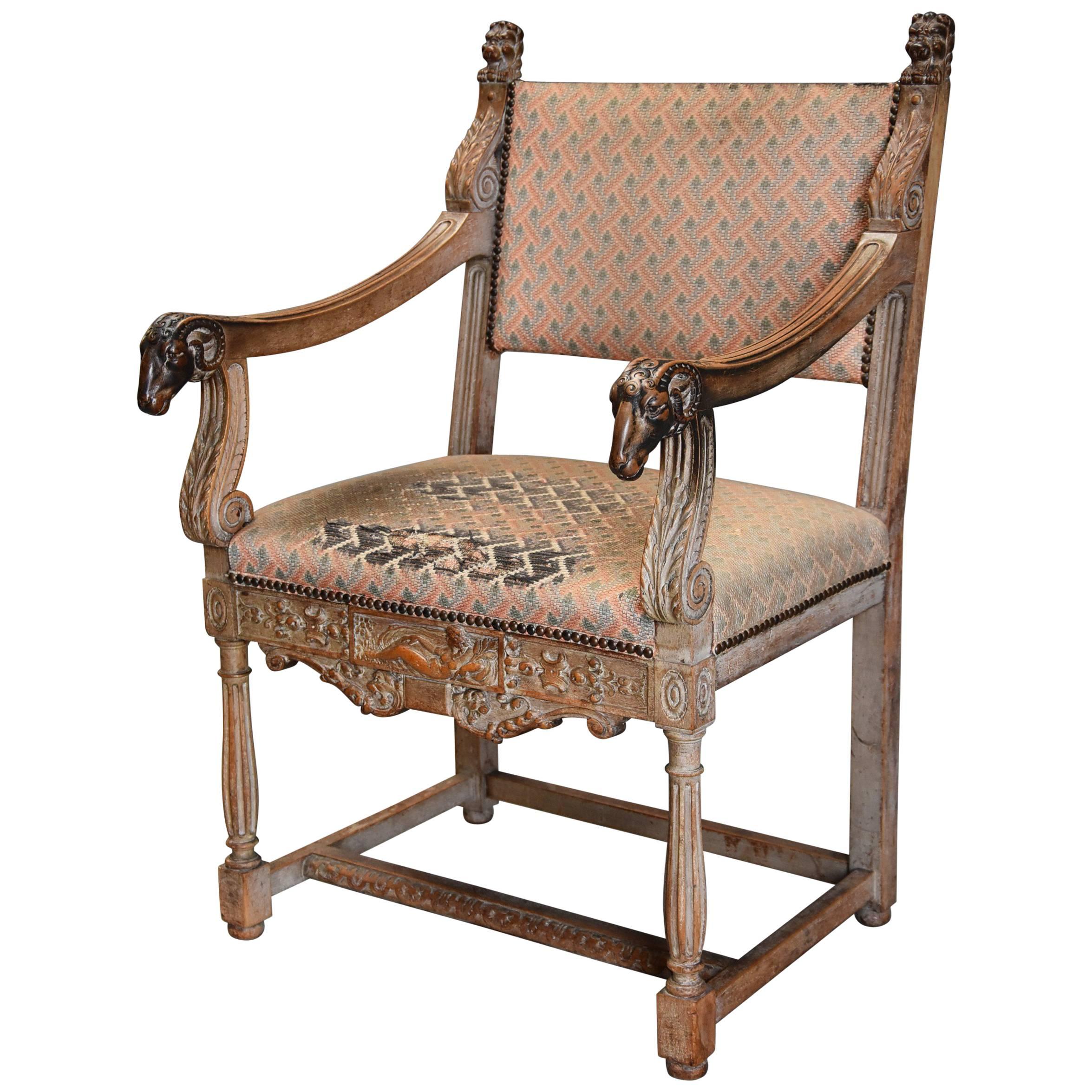 Highly Decorative French Limed Oak Armchair in the Renaissance Style For Sale