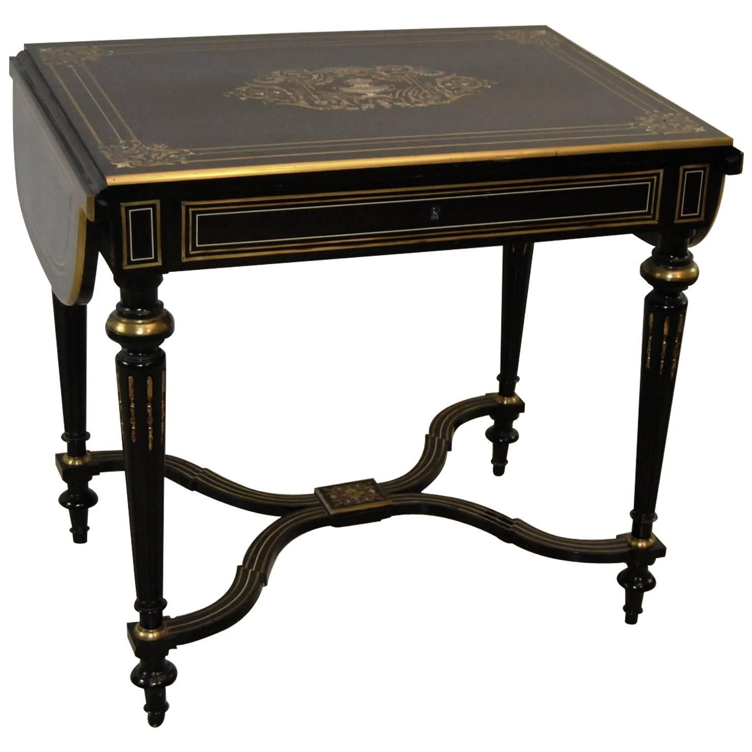 19th Century Ebonized Drop Leaf Table with Inlaid Mother-of-Pearl and Brass For Sale