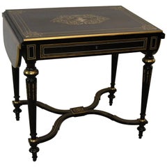 19th Century Ebonized Drop Leaf Table with Inlaid Mother-of-Pearl and Brass