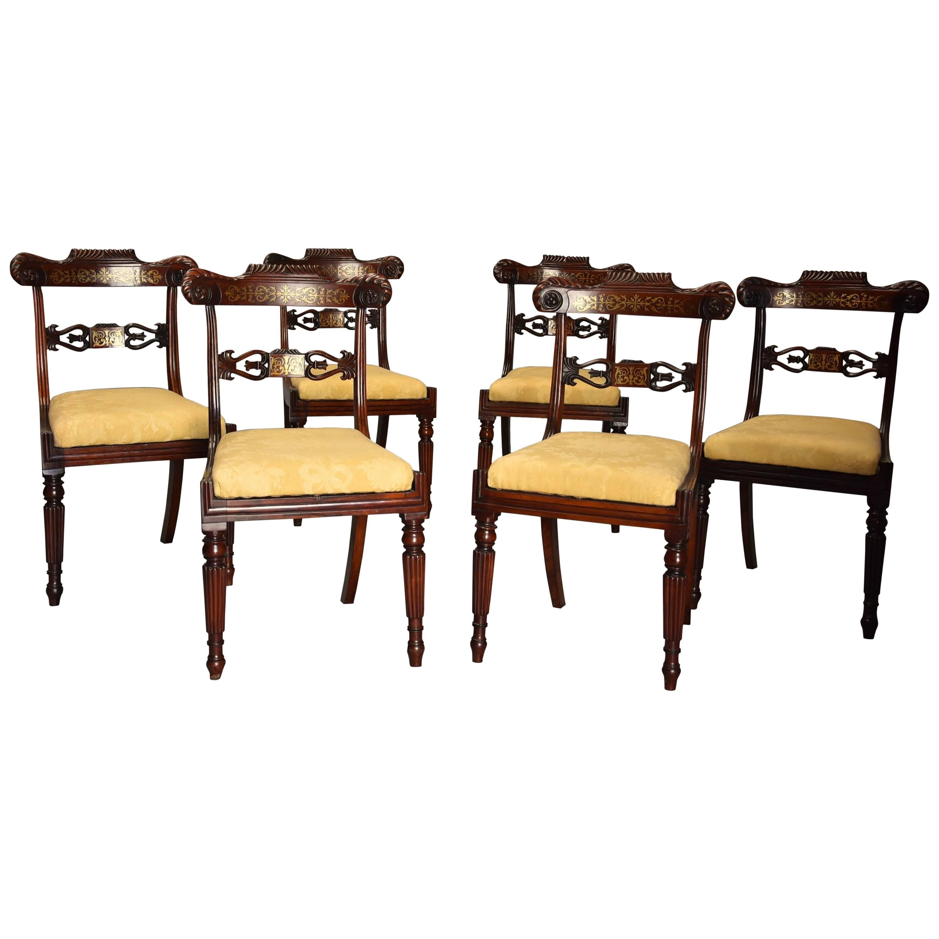 Fine Quality Set of Six Regency Rosewood Dining Chairs with Brass Inlay For Sale