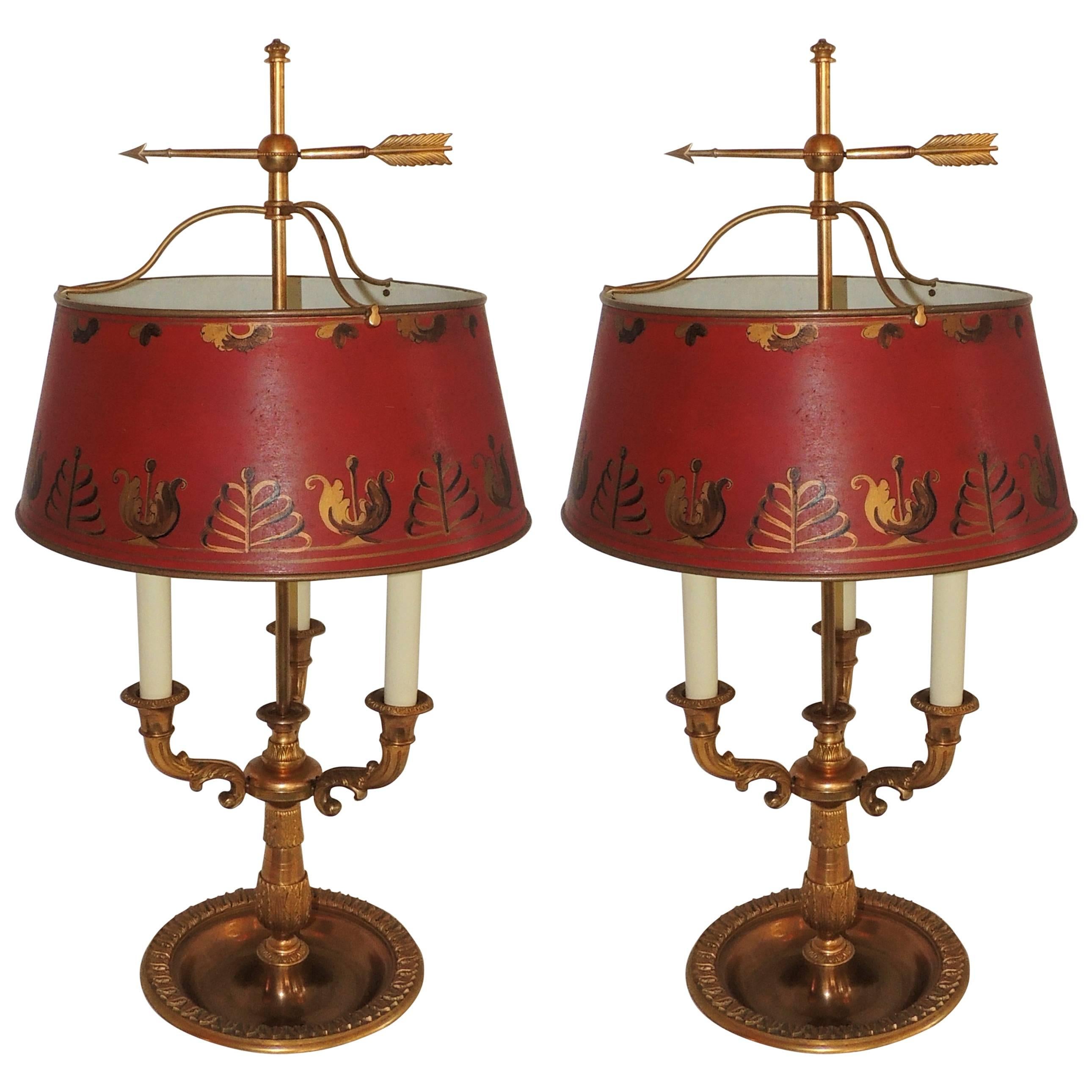 Pair of French Bronze Neoclassical Bouillotte Three Light Lamps Red Tôle Shades