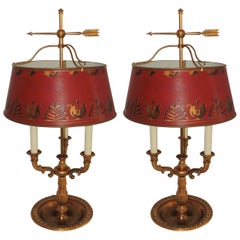 Pair of French Bronze Neoclassical Bouillotte Three Light Lamps Red Tôle Shades