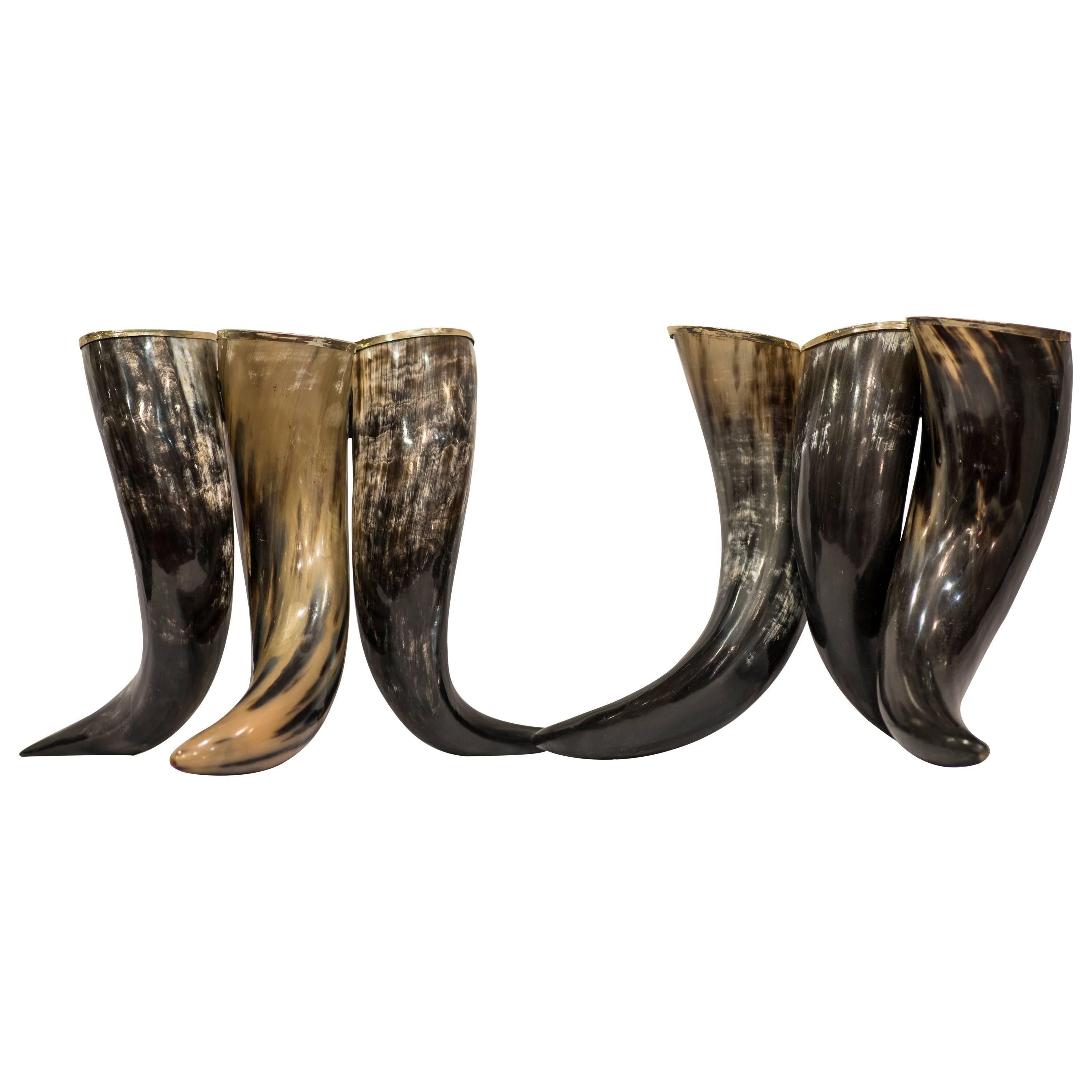 Midcentury Buffalo Horns with Silver Vases 