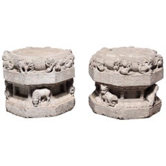 Antique Pair of Highly Carved Chinese Stone Column Bases