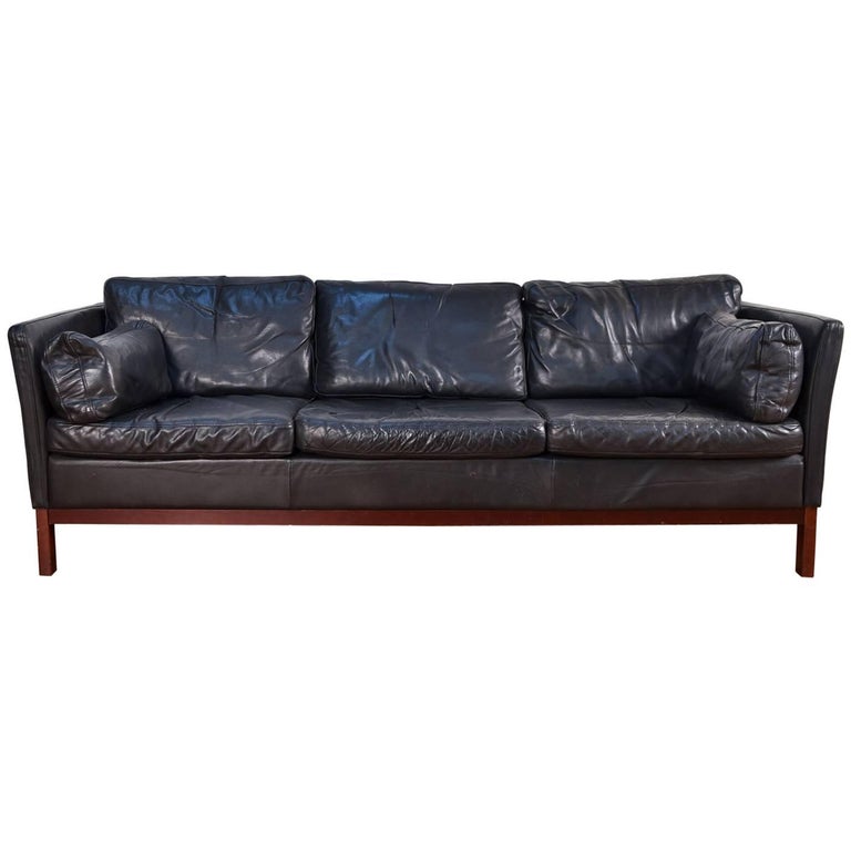 Danish Black Aniline Leather ThreeSeat Sofa by Mogens Hansen, 1960s For Sale at 1stDibs