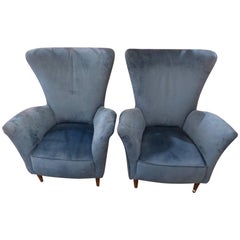 Beautiful Pair of Velvet Italian Armchairs in the Taste of Gio Ponti, circa 1960