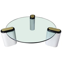 Karl Springer Style Minimalist Tri-Legged Coffee Table with Round Glass Top