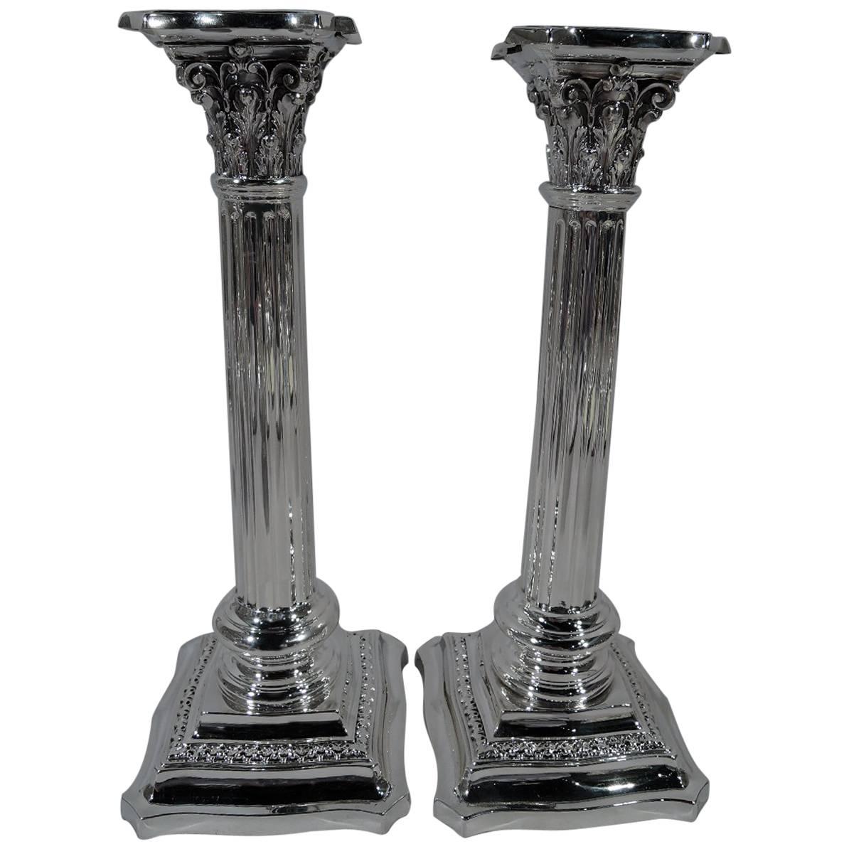 Pair of Antique American Sterling Silver Classical Column Candlesticks
