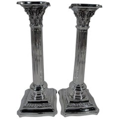 Pair of Antique American Sterling Silver Classical Column Candlesticks