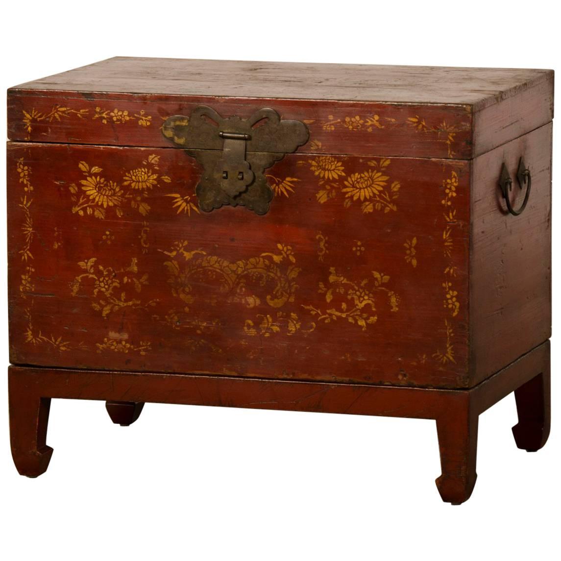 Antique Chinese Red Lacquer Trunk with Gold Decoration, circa 1875