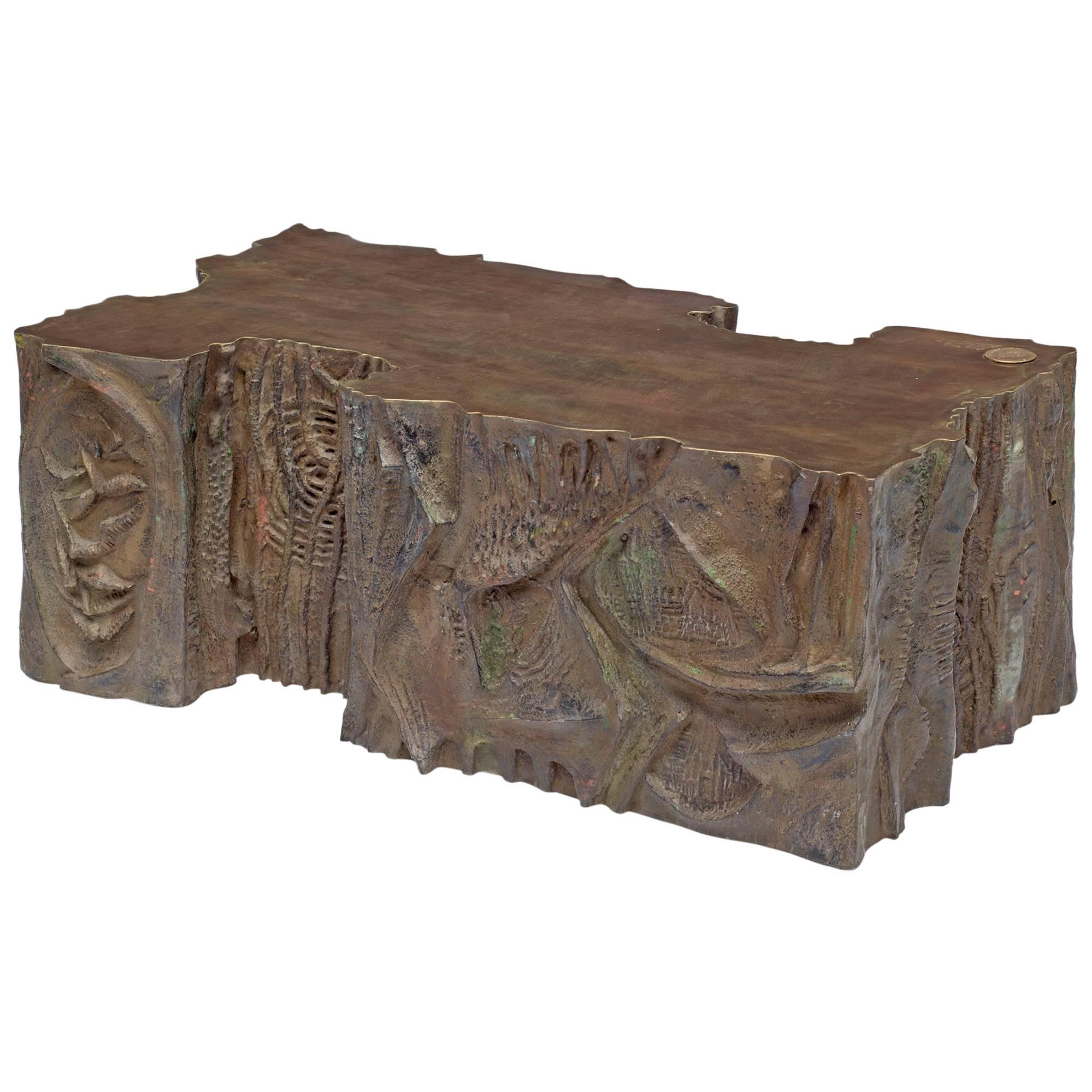 Philip and Kelvin Laverne Custom Bronze Sculpted Relief Coffee Table, USA 1969