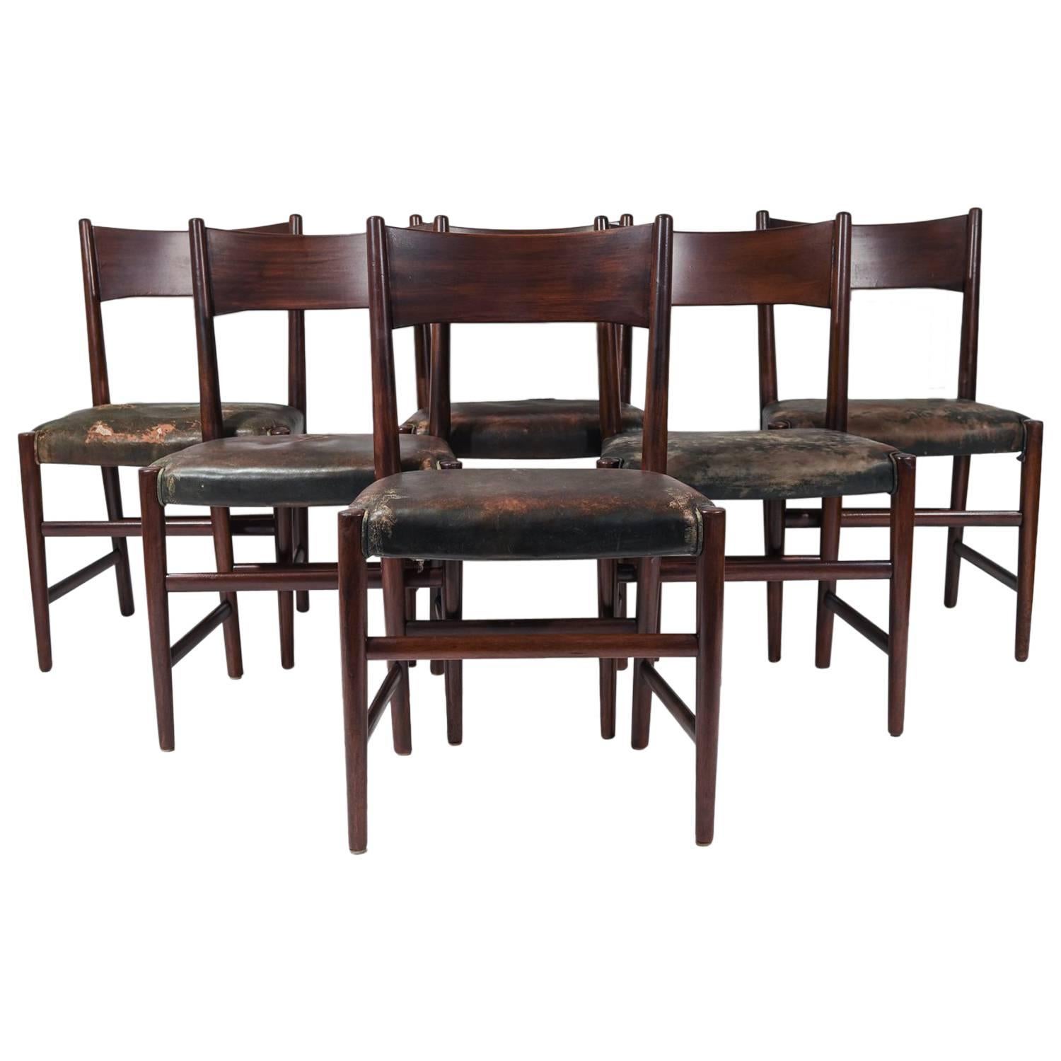 Rare Set of Six Hans J. Wegner Model B102 Mahogany & Black Leather Dining Chairs