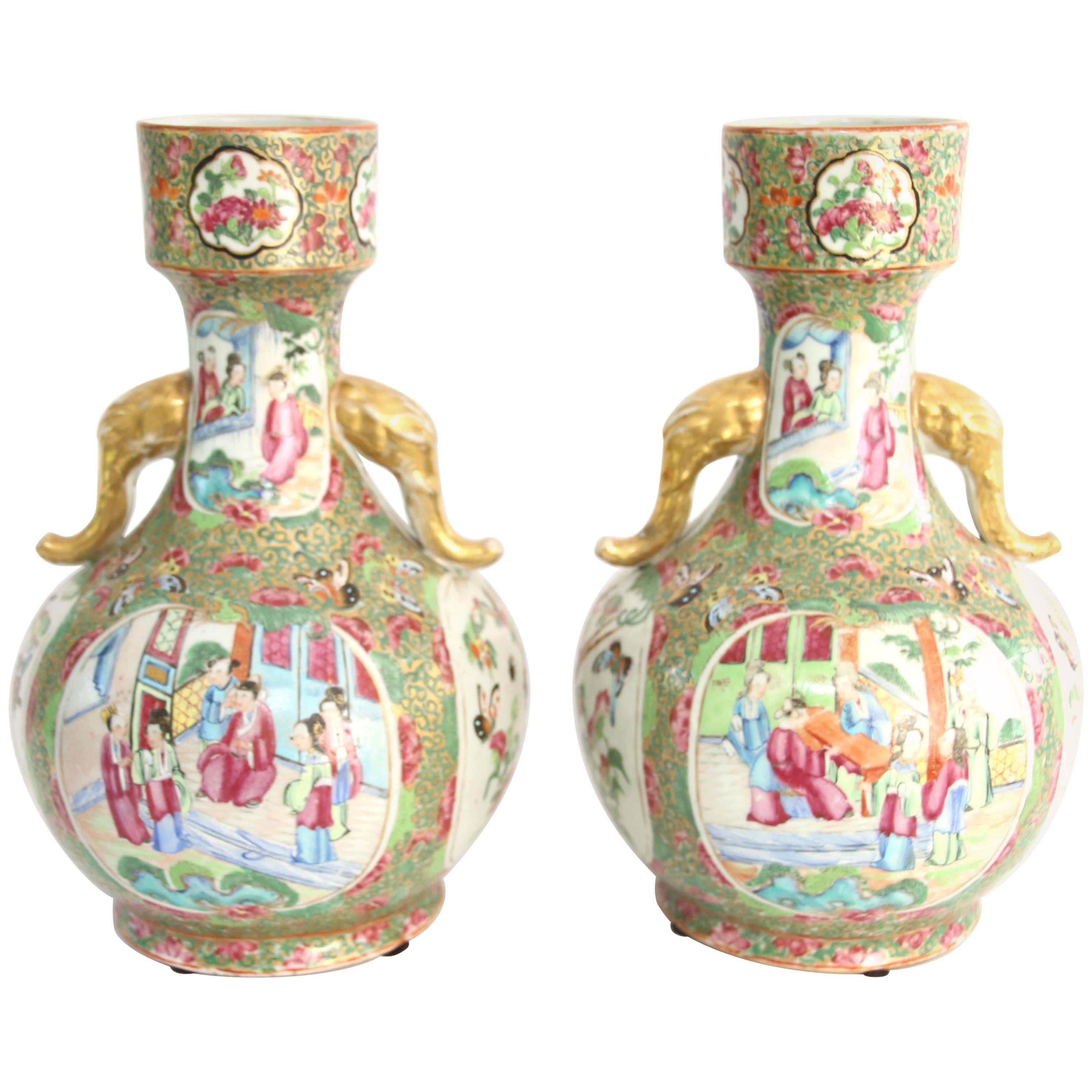 Pair of 19th Century Chinese Export Rose Mandarin Bottle Form Vases For Sale