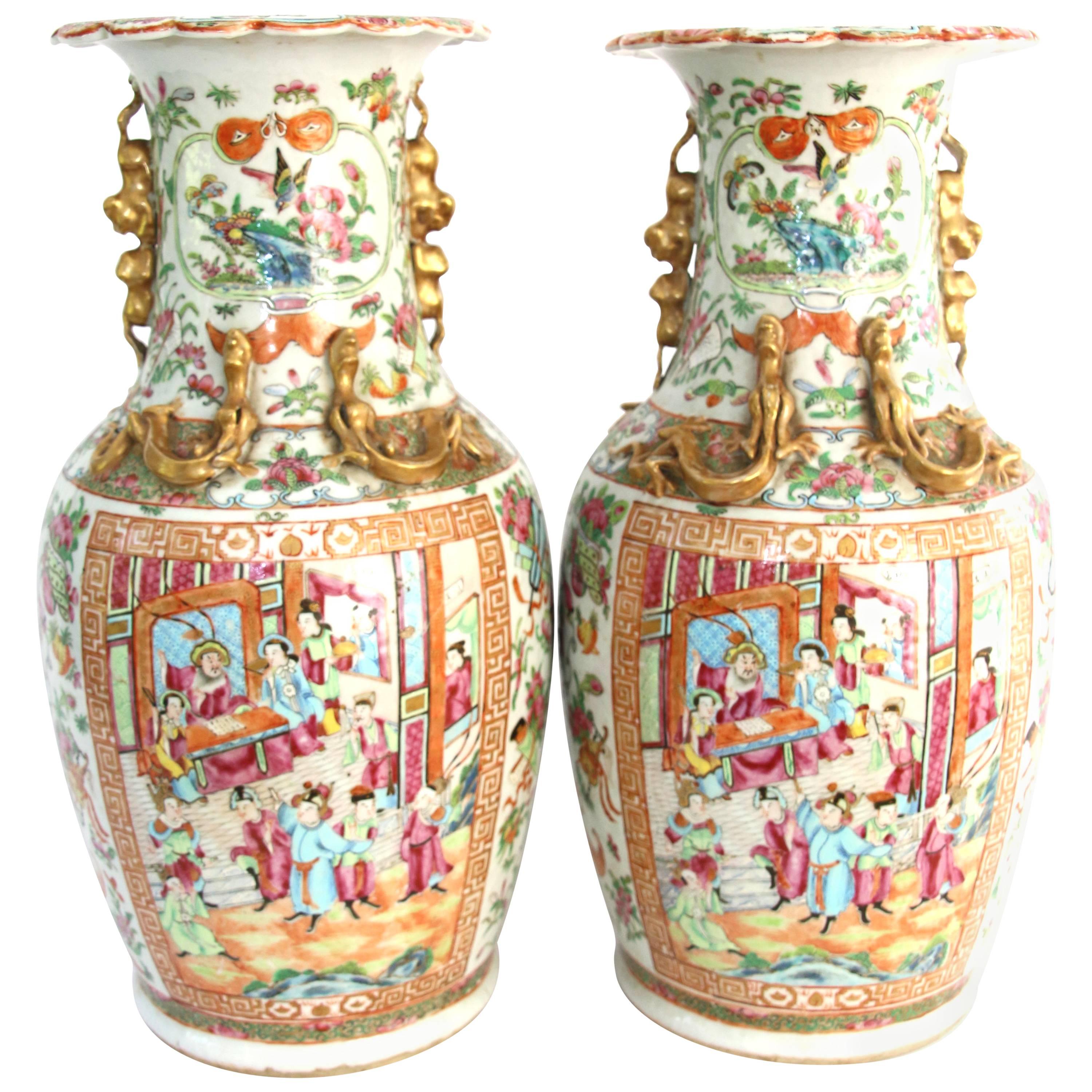 Large Pair of 19th Century, Rose Mandarin Chinese Export Vases