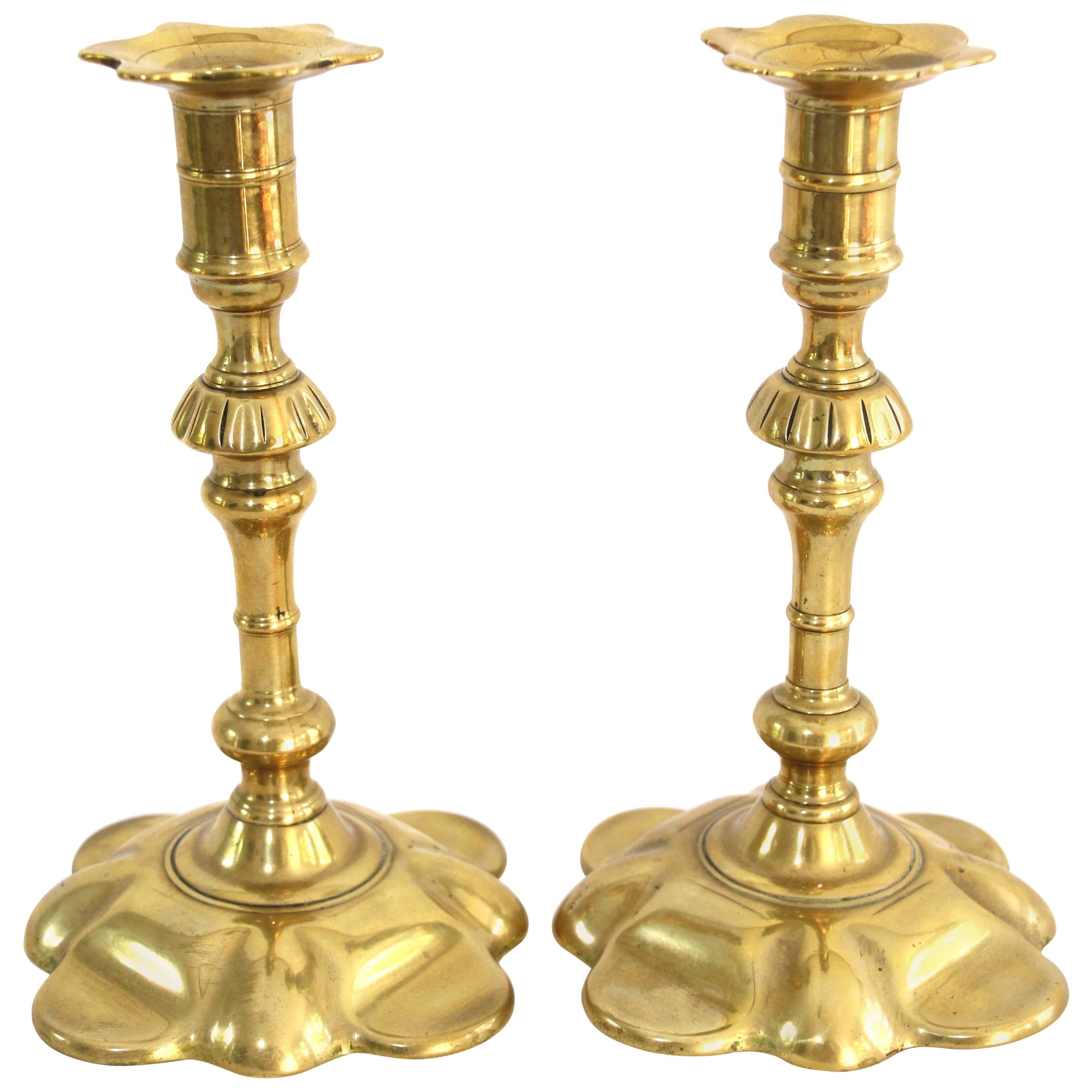 Pair of Queen Anne Brass Candlesticks of Seamed Construction For Sale