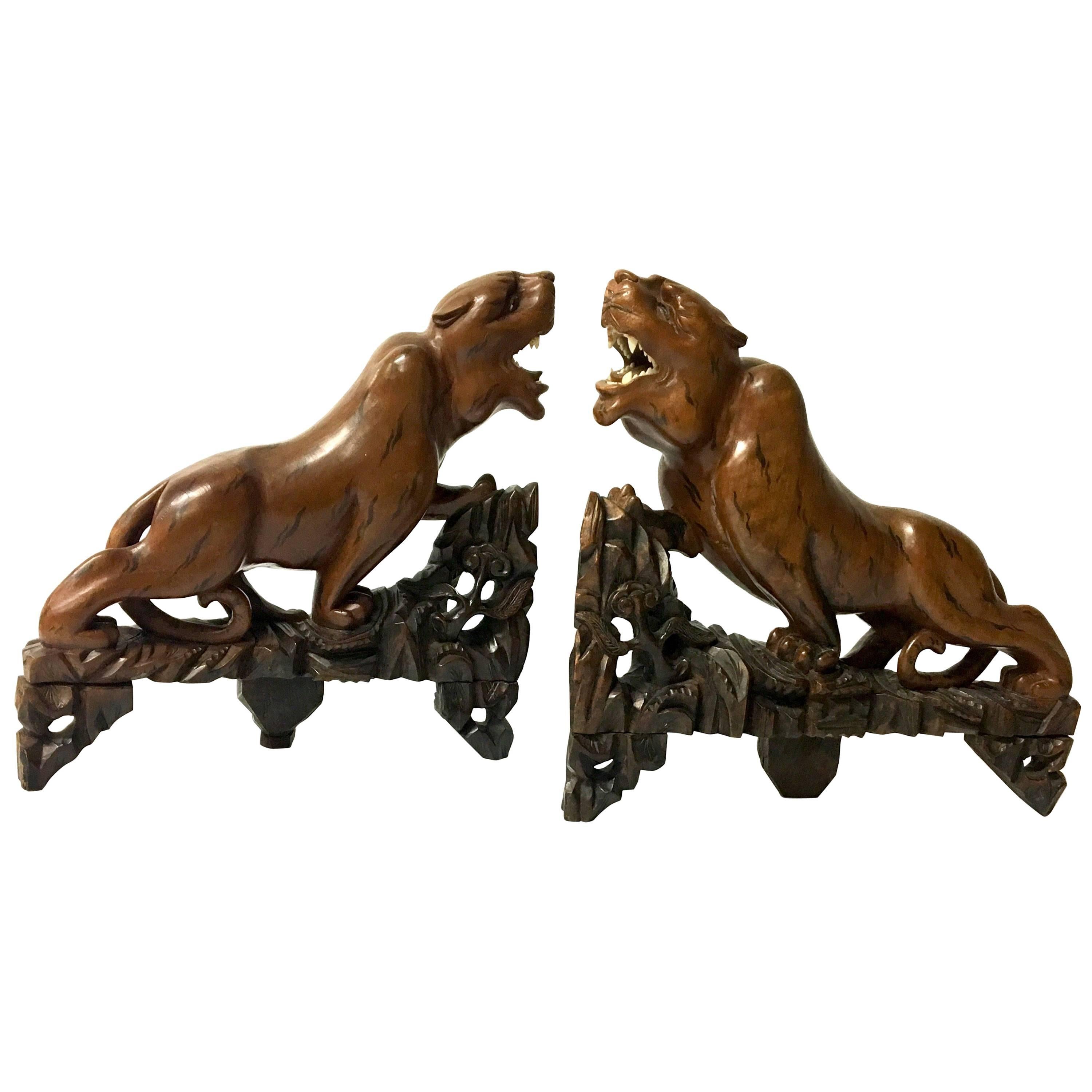 Striking Pair of Hand-Carved Panther Bookends in Rosewood