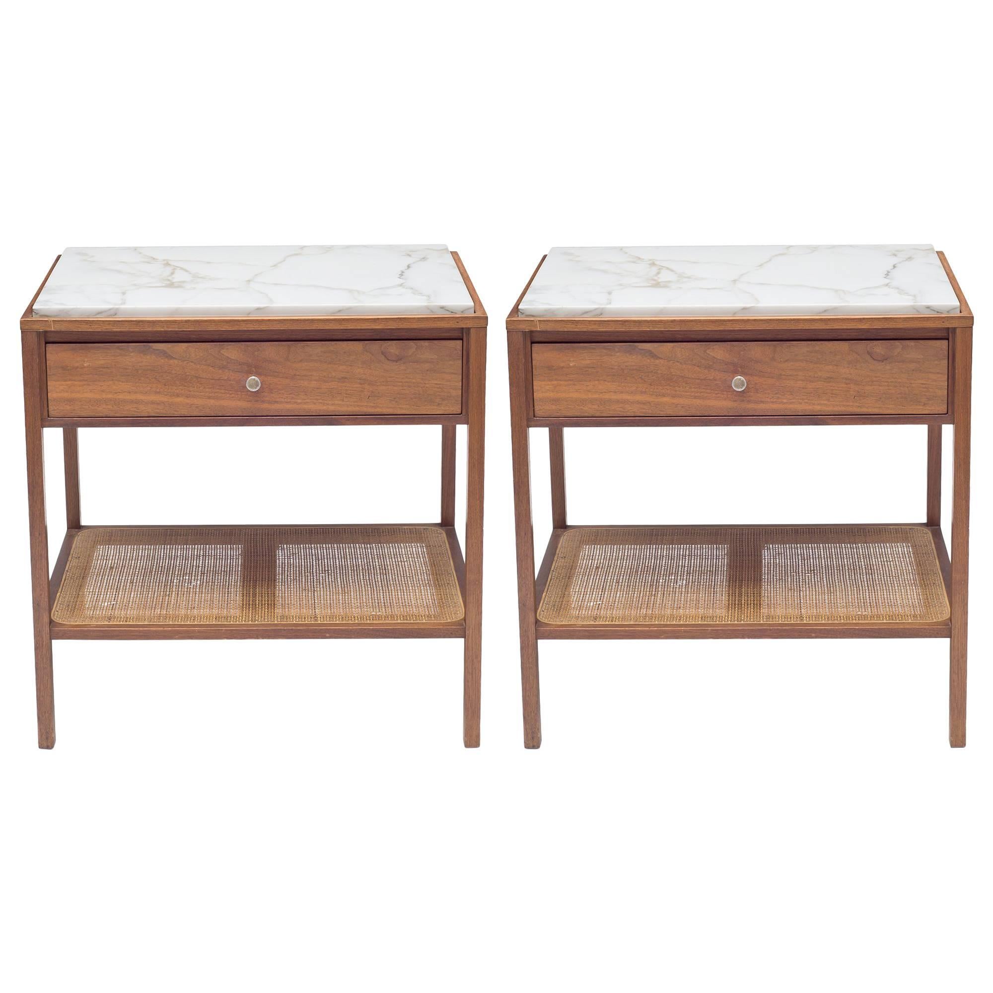 Harvey Probber Marble-Top and Cane End Tables or Nightstands with Single Drawer