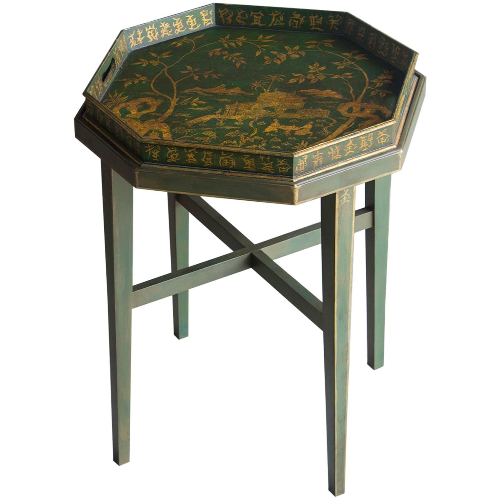 Chinoiserie Painted, Gilded Octagonal Antique English Tray Table, circa 1910