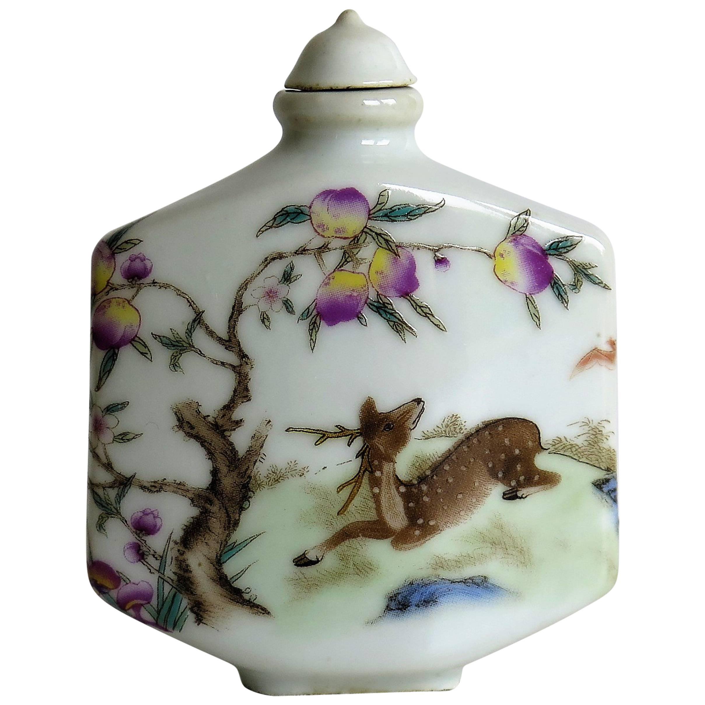 Chinese Porcelain Snuff Bottle Hand Painted Deer Famille Rose, circa 1940