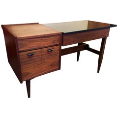 Retro American Mid-Century Walnut Double Sided Desk with Low Bookshelf by Hooker